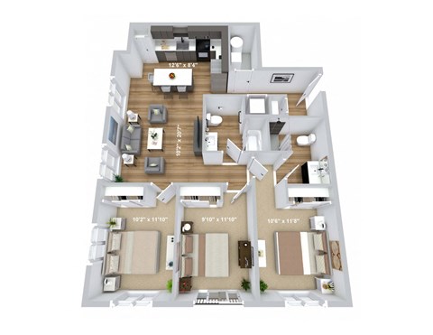 3d floor plan of a 245 sq ft apartment